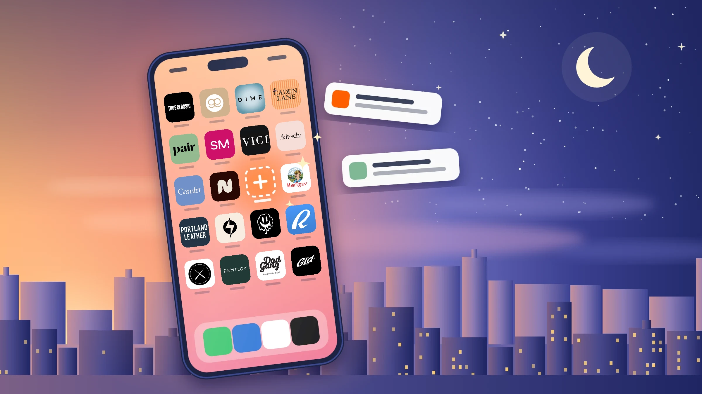 A phone over a city at dusk, its home screen full of apps built on FUEGO (True Classic, gorjana, DIME Beauty, Caden Lane, Pair Eyewear, Simple Modern, VICI, Kitsch, Comfrt, nuuds, MaryRuth’s, Portland Leather Goods, POPFLEX, Dolls Kill, Rainbow Shops, Cuts Clothing, DRMTLGY, Dad Gang, The GLD Shop) and one empty slot waiting for the next brand